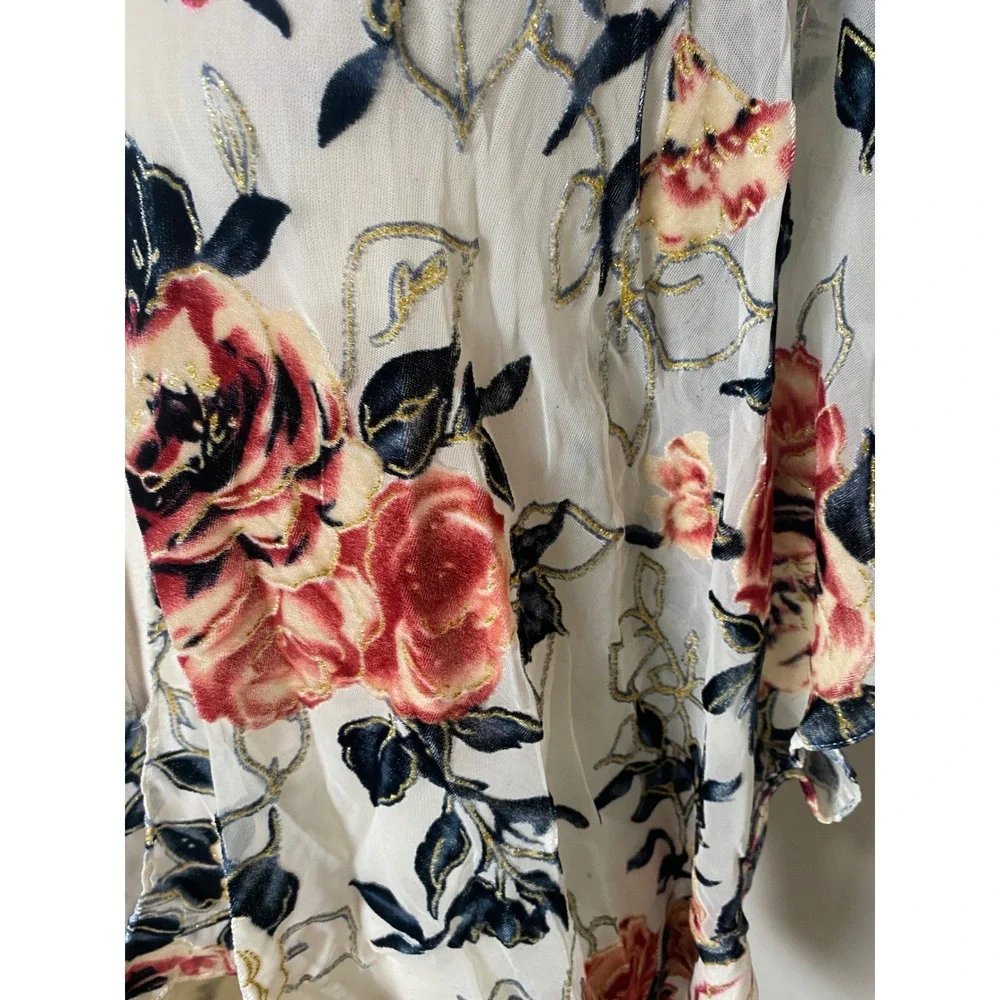 Vintage 90s Velvet Burnout Floral Kimono Wrap Gold Metallic Rose Sheer Cardigan